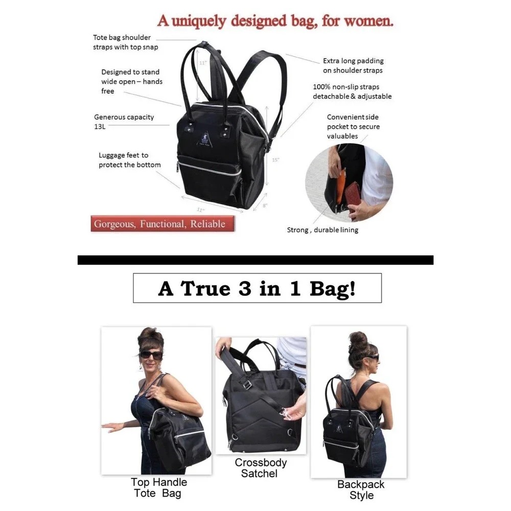 Tuff Togs Convertible Backpack Diaper Bag Large Travel Shoulder Tote Black Gray